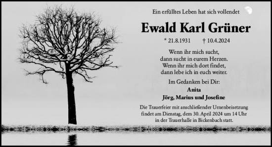 Traueranzeige von Ewald Karl Grüner von Darmstädter Echo