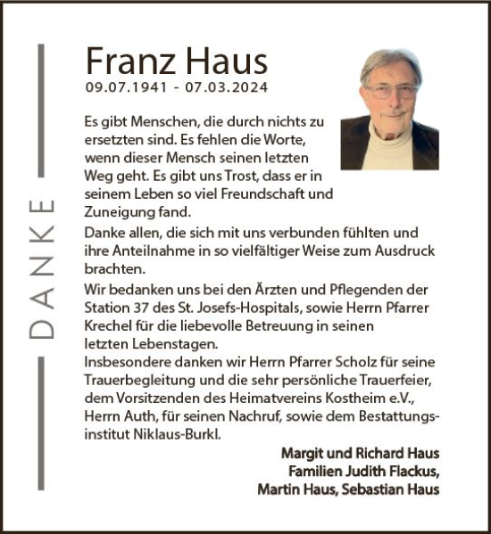 Traueranzeige von Franz Haus von Allgemeine Zeitung Mainz
