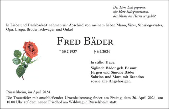Traueranzeige von Fred Bäder von Rüsselsheimer Echo