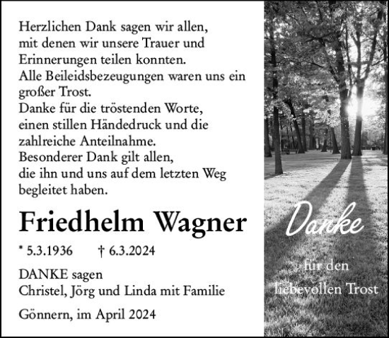 Traueranzeige von Friedhelm Wagner von Hinterländer Anzeiger