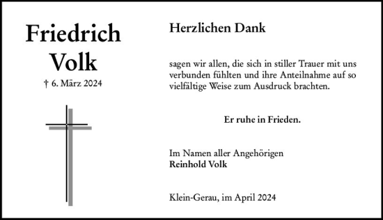 Traueranzeige von Friedrich Volk von Groß-Gerauer Echo