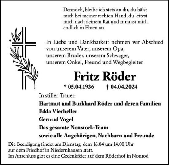 Traueranzeige von Fritz Röder von Odenwälder Echo