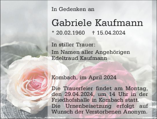 Traueranzeige von Gabriele Kaufmann von Hinterländer Anzeiger