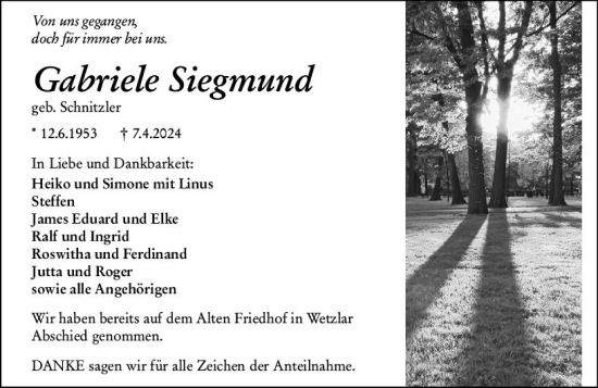 Traueranzeige von Gabriele Siegmund von Wetzlarer Neue Zeitung