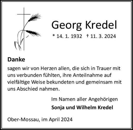 Traueranzeige von Georg Kredel von Odenwälder Echo