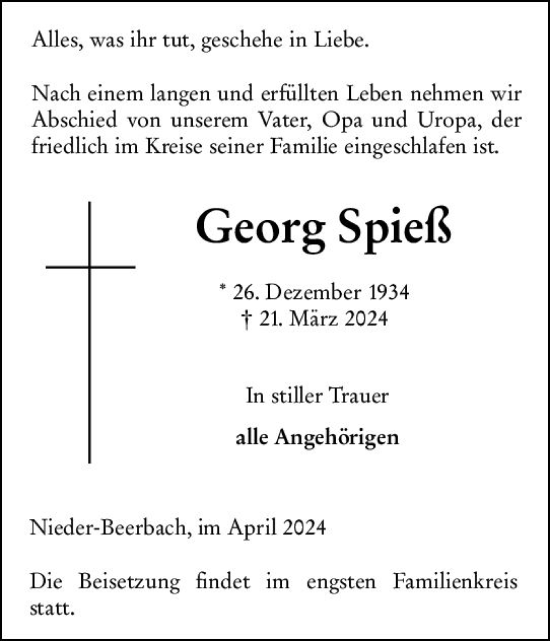 Traueranzeige von Georg Spieß von Darmstädter Echo