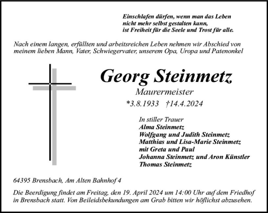 Traueranzeige von Georg Steinmetz von Odenwälder Echo