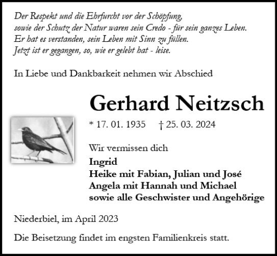 Traueranzeige von Gerhard Neitzsch von Wetzlarer Neue Zeitung