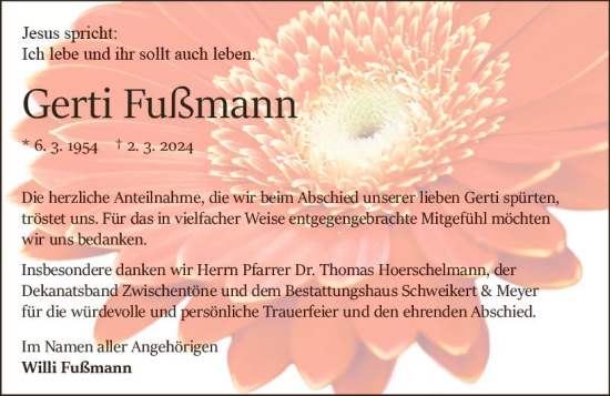 Traueranzeige von Gerti Fußmann von Odenwälder Echo