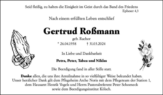 Traueranzeige von Gertrud Roßmann von Darmstädter Echo
