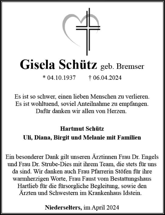 Traueranzeige von Gisela Schütz von Camberger Anzeiger