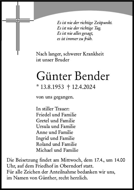 Traueranzeige von Günter Bender von Dill Block