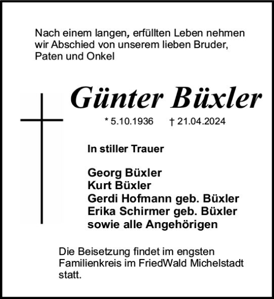 Traueranzeige von Günter Büxler von Odenwälder Echo