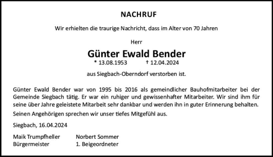 Traueranzeige von Günter Ewald Bender von Dill Block