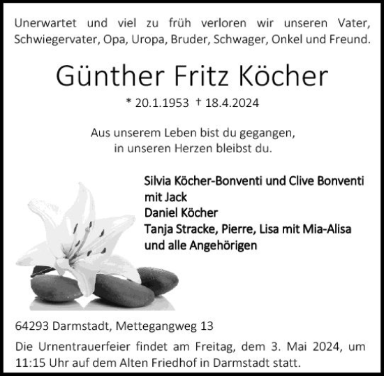 Traueranzeige von Günther Fritz Köcher von Darmstädter Echo