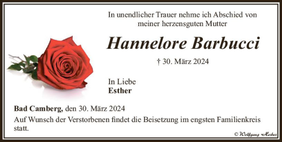Traueranzeige von Hannelore Barbucci von Camberger Anzeiger