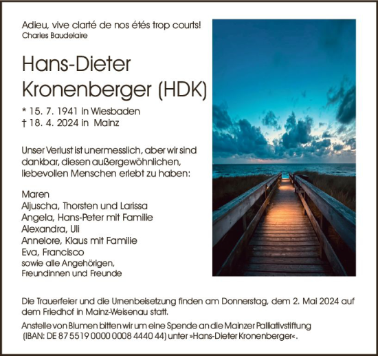 Traueranzeige von Hans-Dieter Kronenberger von Allgemeine Zeitung Mainz