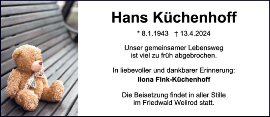 Traueranzeige von Hans Küchenhoff von Darmstädter Echo