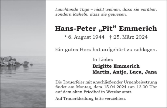 Traueranzeige von Hans-Peter Emmerich von Wetzlarer Neue Zeitung