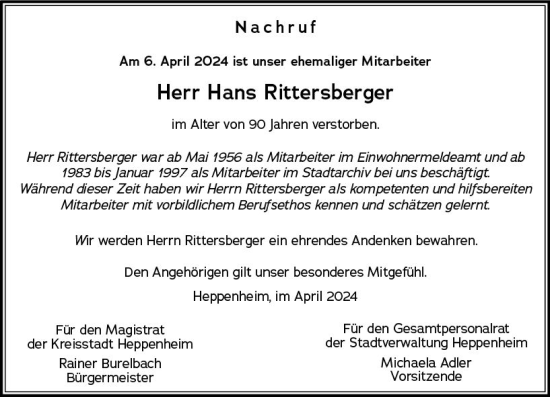 Traueranzeige von Hans Rittersberger von Starkenburger Echo