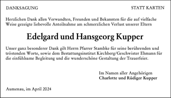 Traueranzeige von Hansgeorg Kupper von Weilburger Tageblatt