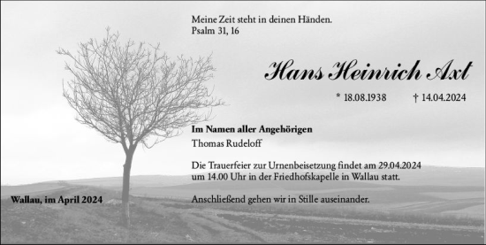 Traueranzeige von Hans Heinrich Axt von Hinterländer Anzeiger