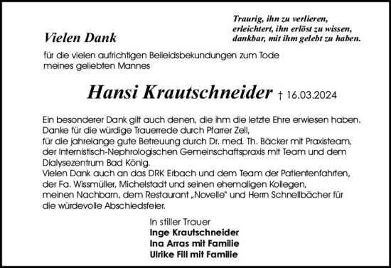 Traueranzeige von Hansi Krautschneider von Odenwälder Echo