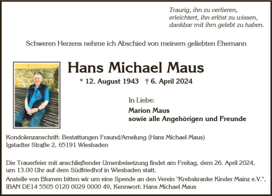 Traueranzeige von Hans Michael Maus von Wiesbadener Kurier