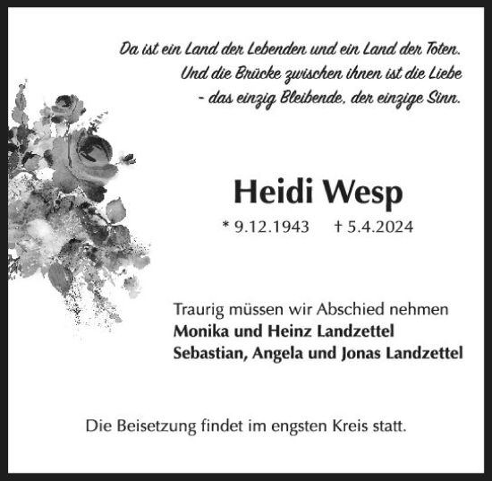 Traueranzeige von Heidi Wesp von Darmstädter Echo