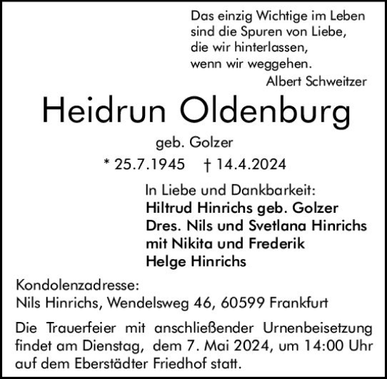 Traueranzeige von Heidrun Oldenburg von Darmstädter Echo