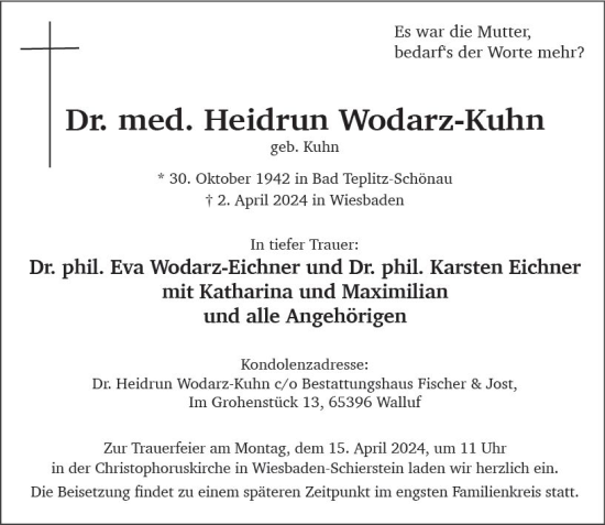 Traueranzeige von Heidrun Wodarz-Kuhn von Wiesbadener Kurier