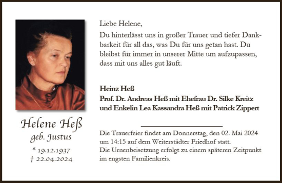 Traueranzeige von Helene Heß von Darmstädter Echo