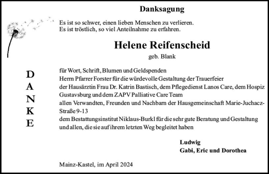 Traueranzeige von Helene Reifenscheid von Allgemeine Zeitung Mainz