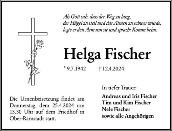Traueranzeige von Helga Fischer von Darmstädter Echo