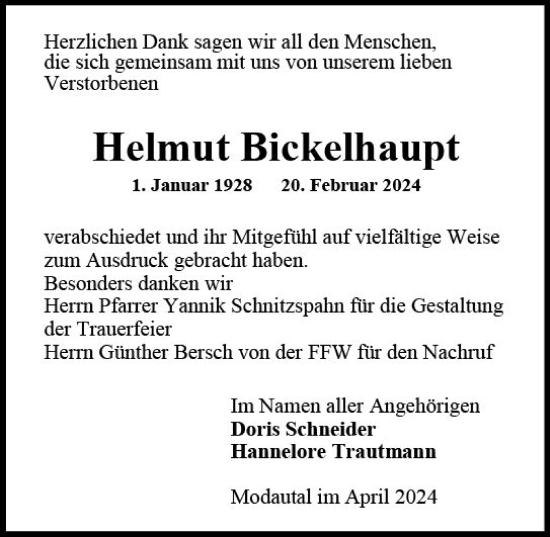 Traueranzeige von Helmut Bickelhaupt von Darmstädter Echo