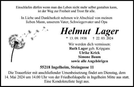 Traueranzeige von Helmut Lager von Allgemeine Zeitung Bingen/Ingelheim
