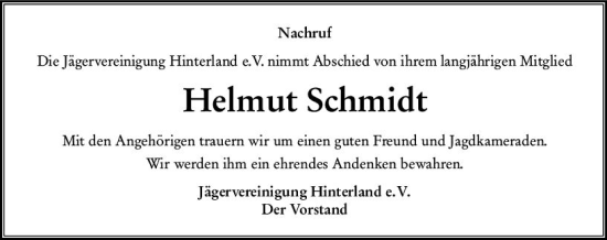 Traueranzeige von Helmut Schmidt von Hinterländer Anzeiger