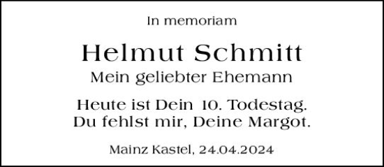 Traueranzeige von Helmut Schmitt von Allgemeine Zeitung Mainz
