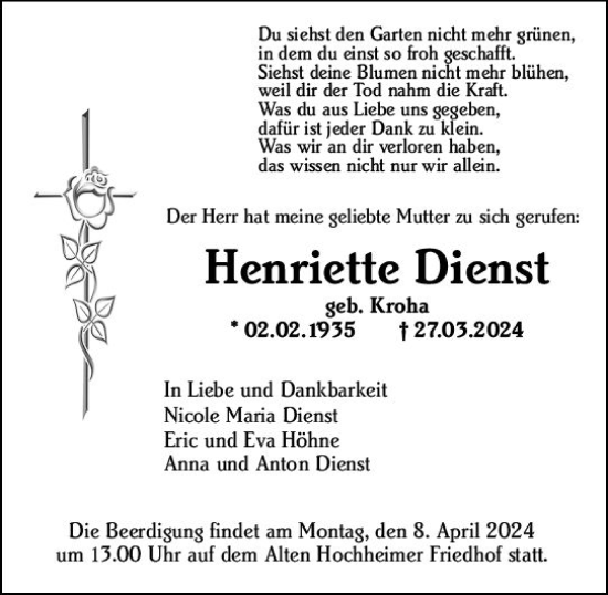 Traueranzeige von Henriette Dienst von Hochheimer Zeitung