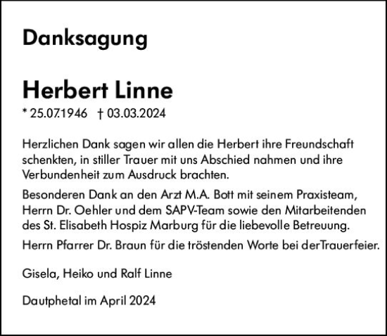 Traueranzeige von Herbert Linne von Hinterländer Anzeiger
