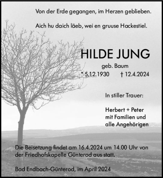 Traueranzeige von Hilde Jung von Hinterländer Anzeiger