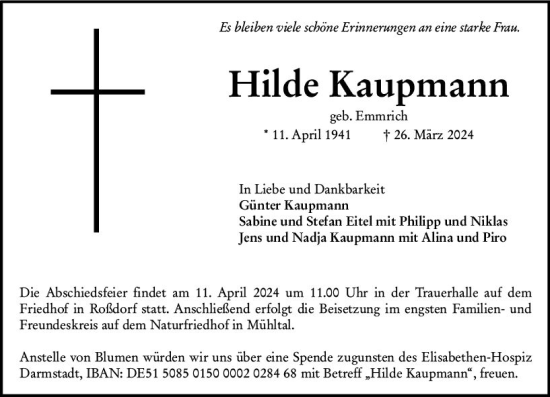 Traueranzeige von Hilde Kaupmann von Darmstädter Echo