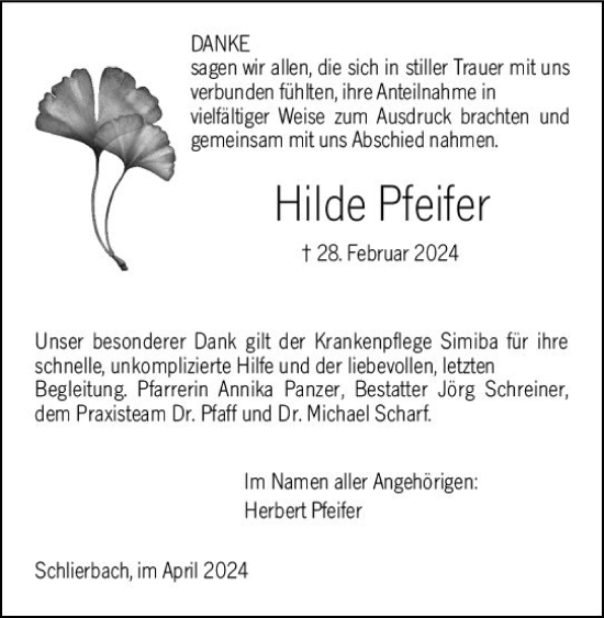 Traueranzeige von Hilde Pfeifer von Hinterländer Anzeiger