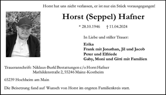 Traueranzeige von Horst Hafner von Allgemeine Zeitung Mainz