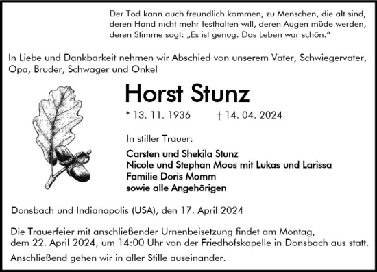 Traueranzeige von Horst Stunz von Dill Block