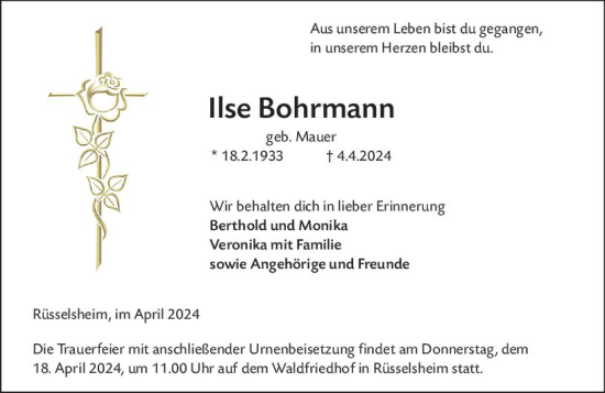 Traueranzeige von Ilse Bohrmann von Rüsselsheimer Echo