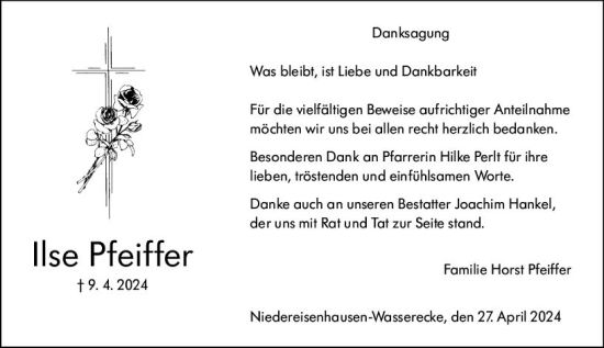 Traueranzeige von Ilse Pfeiffer von Hinterländer Anzeiger