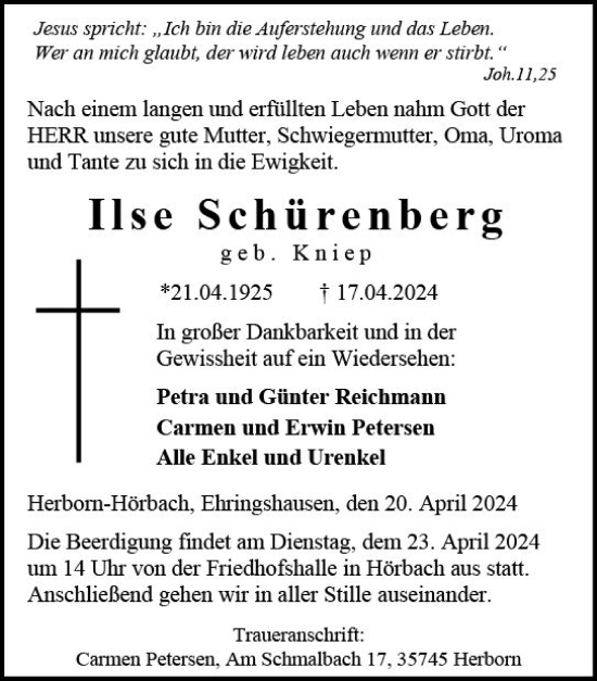 Traueranzeige von Ilse Schürenberg von Dill Block