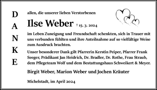 Traueranzeige von Ilse Weber von Odenwälder Echo
