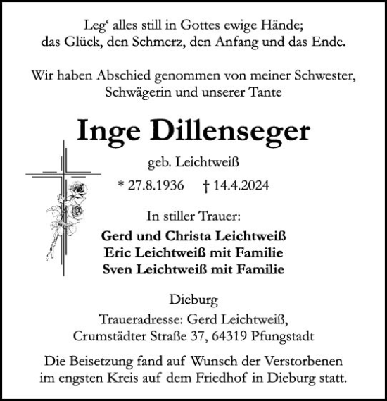 Traueranzeige von Inge Dillenseger von Darmstädter Echo